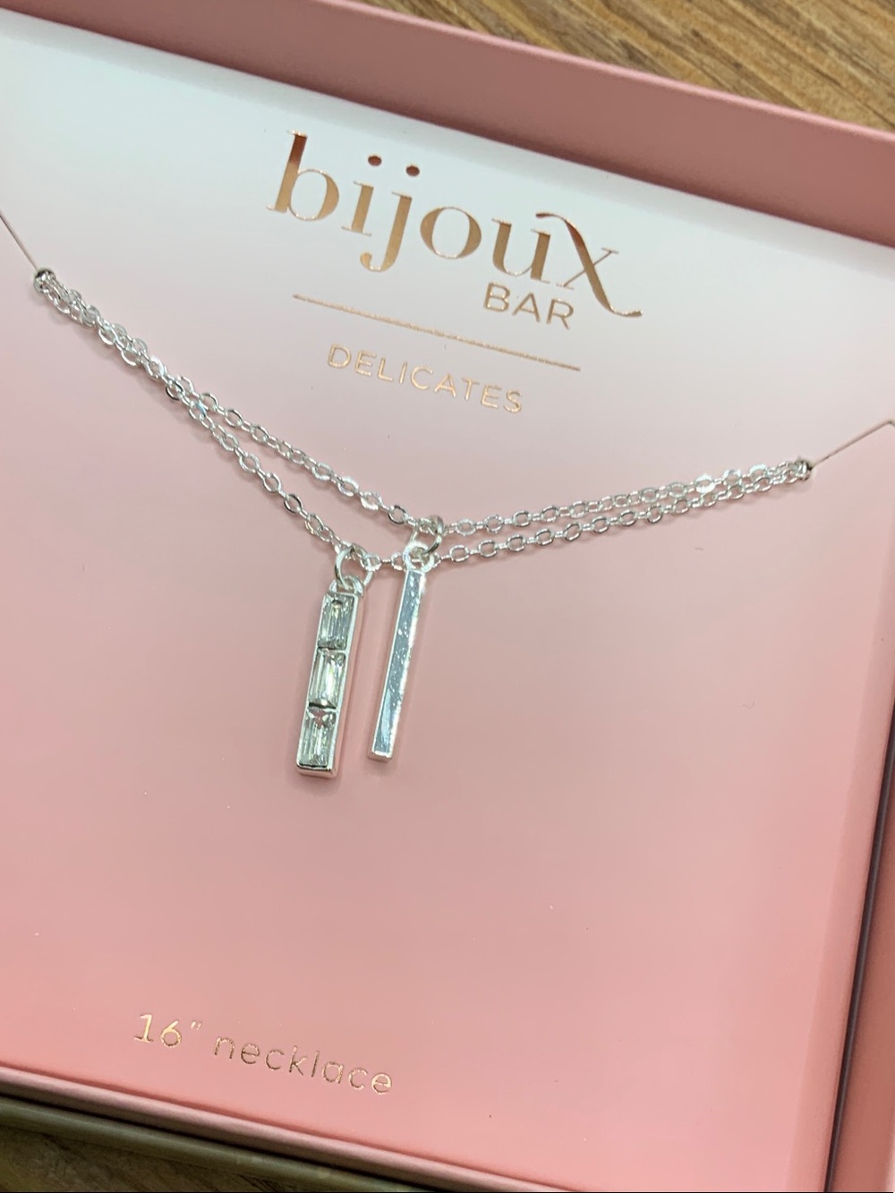 Bijoux Bar Silver Double Bar Necklace in Pink Gift Box